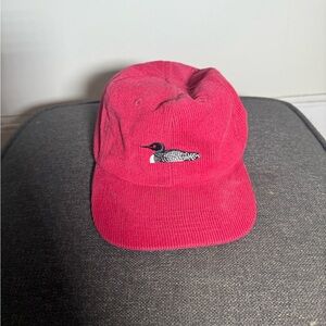 Red Corduroy Hat with Embroidered Bird